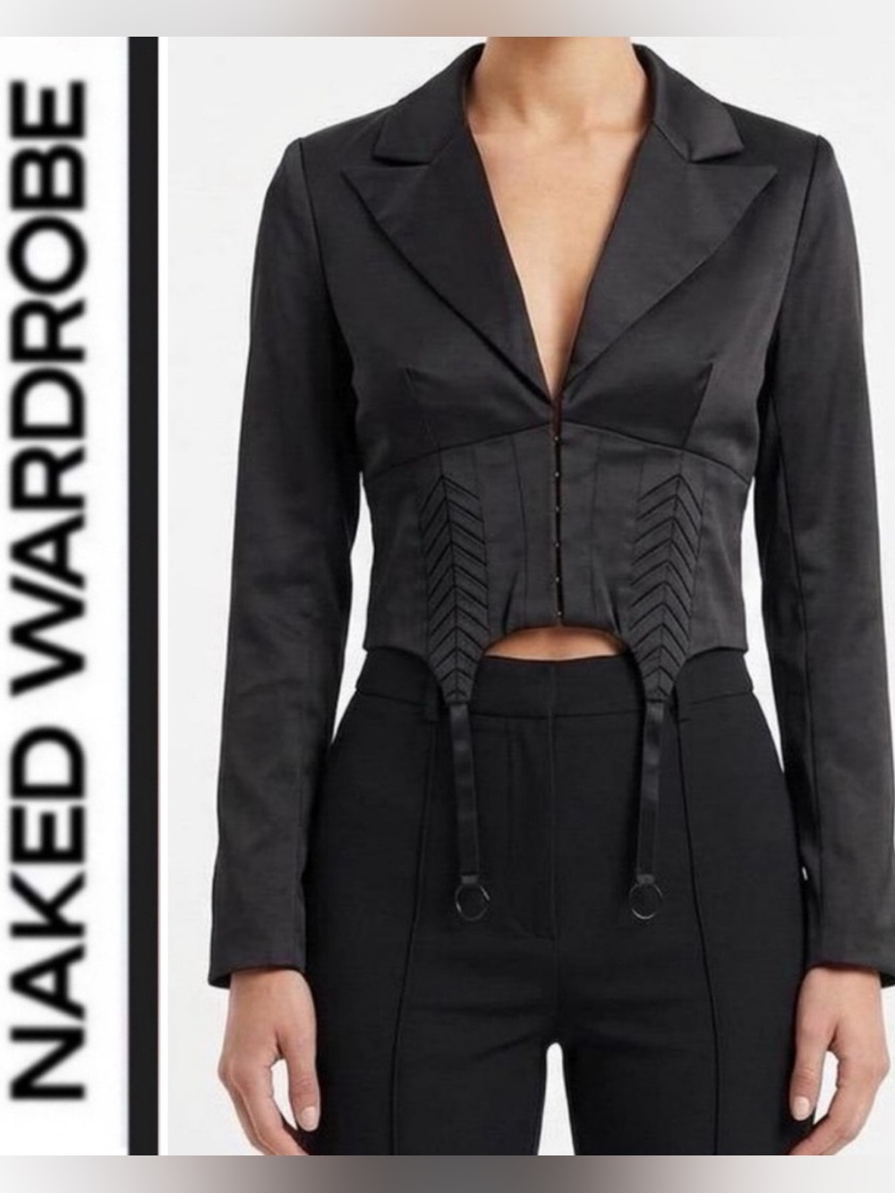 Naked Wardrobe 🖤 the statement black satin garter blazer ~ Small